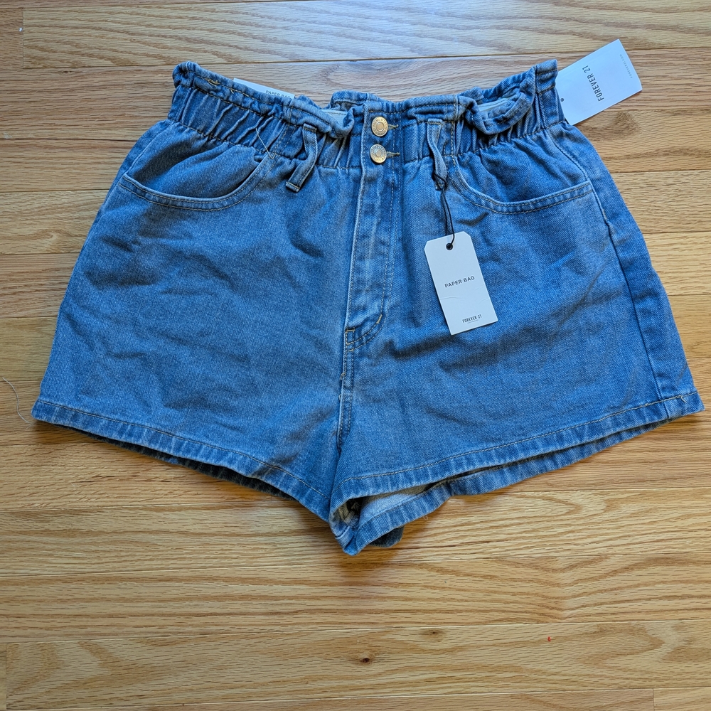Forever 21 Blue Paperbag Waist Denim Shorts